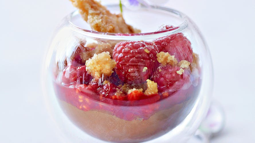 Chaud-froid de chocolat et framboises acidulées, streusel à la noisette