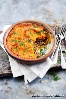 Hachis parmentier de confit de canard au potimarron et quatre-épices.