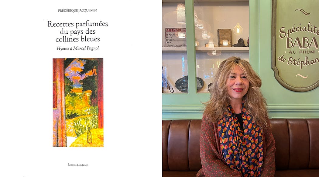 Livre "Recettes parfumées du pays des collines bleues" et portrait de Frédérique Jacquemin.