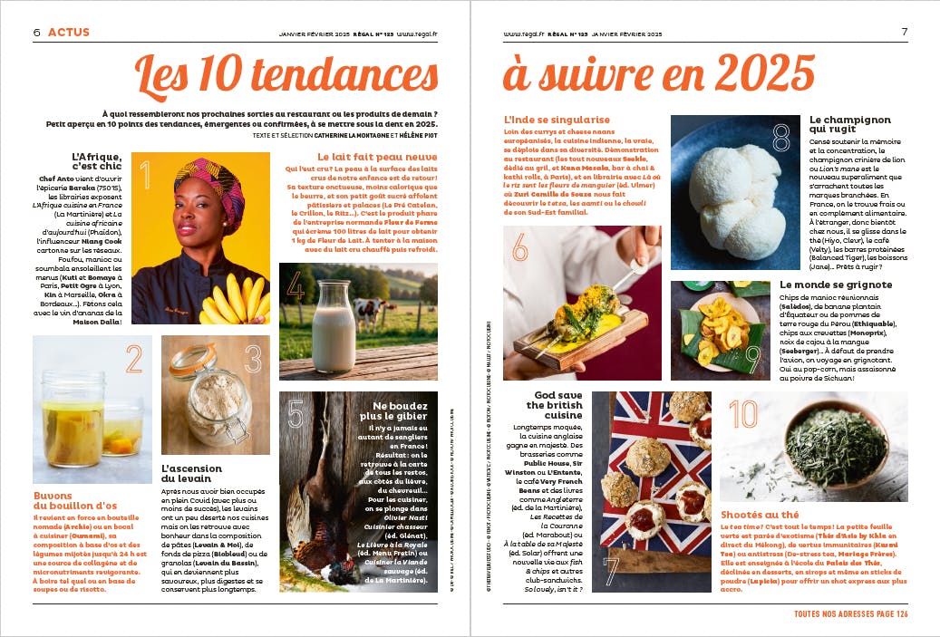 Page de magazine avec liste des 10 tendances pour 2025, incluant des images et du texte.